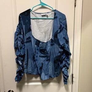 Asos Ruched Sleeve Scoop Neck Blue Patterned Women’s Top plus size 22w